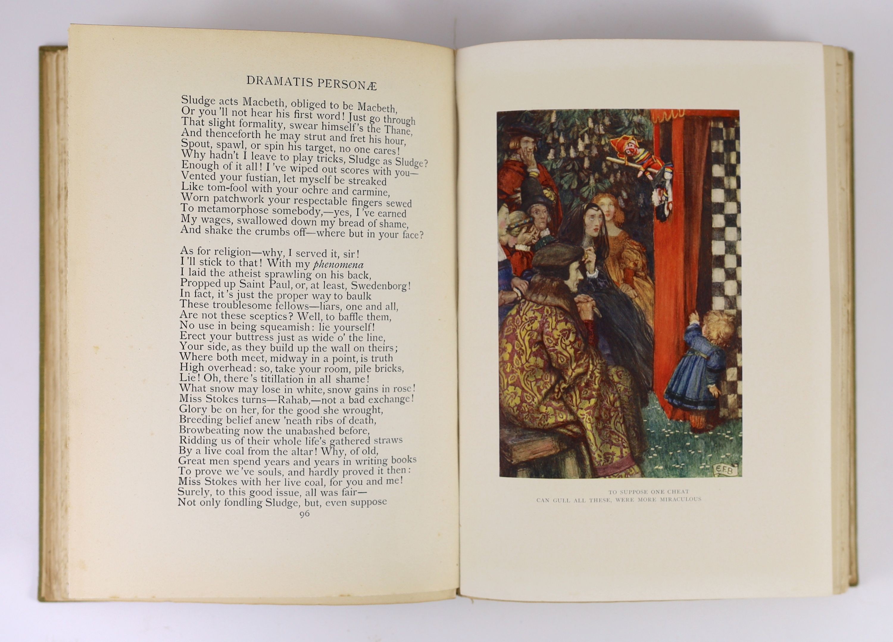 Browning, Robert - Pippa Passes, & Men & Women [and] Dramatis Personae; & Dramatic Romances & Lyrics. Both 1st ed. and complete with 10 coloured illustrated plates. Illustrated title pages. Publishers buckram with gilt l